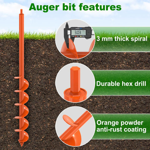 Heavy Duty Garden Auger Drill Bit For Planting Three Inch By Thirty Two Inch Earth Auger With Thick Three Millimeter Blade Features