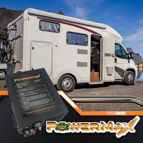 Bad Boy 55 Amp Deck Mount Rv Converter Charger displayed near a camper van by a lake, ideal for power conversion needs.