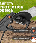 Hand in glove holding handle of Electric Garden Tiller Cultivator With 14 Inch Cutting Width And Foldable Handle 12 Amp Corded Rototiller