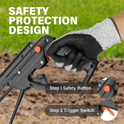 Hand in glove holding handle of Electric Garden Tiller Cultivator With 14 Inch Cutting Width And Foldable Handle 12 Amp Corded Rototiller