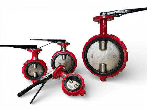 12 Inch Wafer Butterfly Valve Built Tough With Ductile Iron Body 200 PSI Rating Square Stem 1 1/8 Inch Red Buna Seats Face To Face ISO 5752 Mounting Pad ISO 5211 ANSI 150 Flange Nickel Plated Disc 12 Bolt Holes shown front view