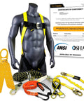 Gator Roof Anchor Bundle With 50 Ft VLA 6 Ft Safety Lanyard Cross Arm Strap 1D Ring Full Body Harness Tool Lanyard And ANSI OSHA Certified Fall Protection For Roofing Projects, shown with mannequin and certificate.