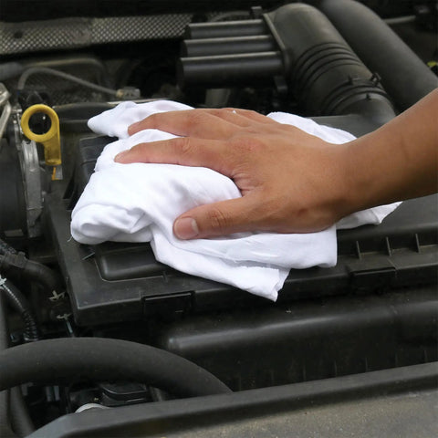 White T Shirt Cleaning Rags 1 Pound Bag Multipurpose Shop Rags For Cleaning Staining Painting Oil Grease And Dust Great For Home Garage Workshop Bulk 100 Percent Cotton T Shirt Rags being used on engine
