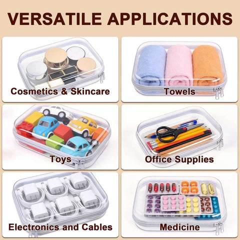 Two Pack Clear Hard Shell Zipper Case Travel Organizer Pouch for organizing cosmetics, towels, toys, office supplies, electronics, and medicine.