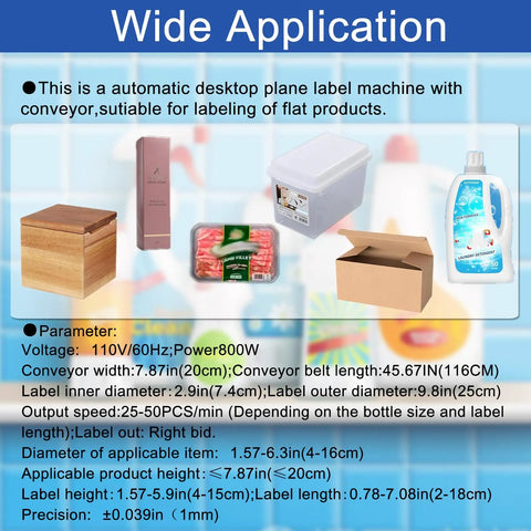 Plug And Go Automatic Flat Bottle Label Applicator Desktop Labeling Machine With Conveyor Belt And Print Coder For Boss Level Accuracy Flat Surface Wrapping showing various labeled products.
