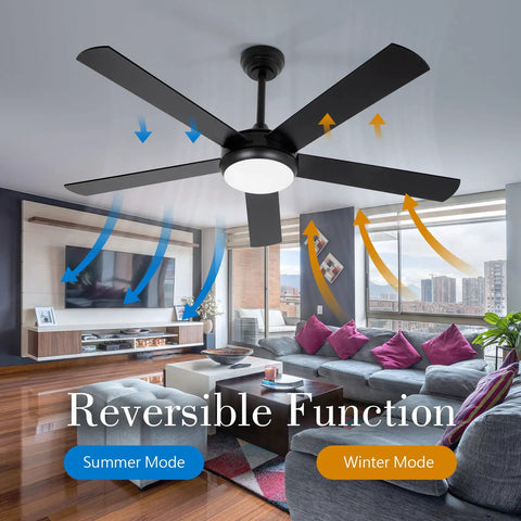 52 Inch Wood Ceiling Fan With Light And Remote Cool Five Blade Design Six Speed Levels LED Dimmable Reversible Motor in living room
