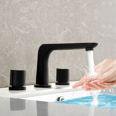 Three Piece Widespread Bathroom Faucet With 3 Holes Deck Mount Matte Black Finish, 360 Degree Swivel Spout, Dual Non Slip Handles