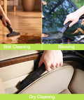 Heavy Duty 1.5 Gallon Wet And Dry Shop Vacuum Cleaner With 2.5 Peak Hp Motor shown cleaning wet spills, blowing leaves, and dry vacuuming.