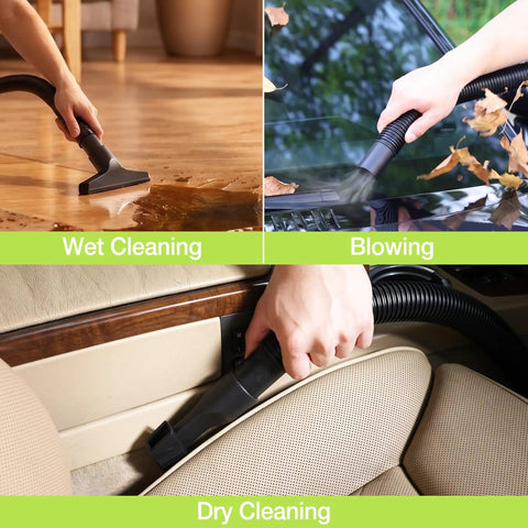 Heavy Duty 1.5 Gallon Wet And Dry Shop Vacuum Cleaner With 2.5 Peak Hp Motor shown cleaning wet spills, blowing leaves, and dry vacuuming.