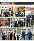 Collage of customer visits at guardrail installation machine facility, showcasing international partnerships.