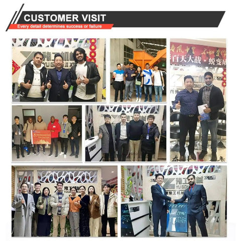 Collage of customer visits at guardrail installation machine facility, showcasing international partnerships.