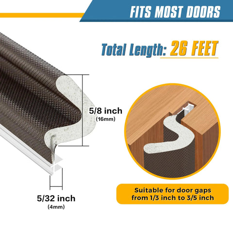 Slap On This Foolproof Door Weather Stripping To Kick Chilly Drafts To The Curb featuring 26 FT brown kerf seal for door gaps, dimensions shown.