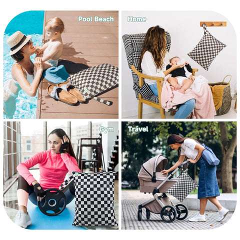 Leakproof Wet Dry Bag Set For Baby Gear 3 Pack Checkerboard Pattern used at pool, home, gym, and travel with different activities.