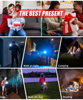 Collage showing a 9000 Lumen Rechargeable LED Flashlight Waterproof With 5 Modes used in various scenarios like patrol, camping, and reading.