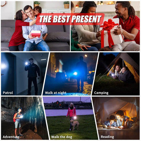 Collage showing a 9000 Lumen Rechargeable LED Flashlight Waterproof With 5 Modes used in various scenarios like patrol, camping, and reading.