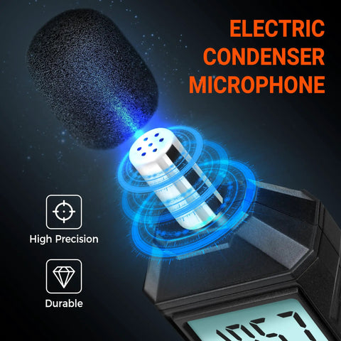 Handy Portable Sound Level Meter With Backlit LCD For Quick Noise Checks, Measures 35-130 dB(A) Range, Digital SPL Meter With MAX MIN Data Hold, Ideal For Office, Classroom, Workshop, Neighbors And Home Noise Monitoring, electric condenser microphone close-up