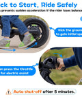 Child using Kids Electric Balance Bike BK1 With 12 Inch Tires, 150W Peak Motor, shows kick-start and throttle features.