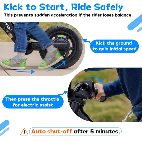 Child using Kids Electric Balance Bike BK1 With 12 Inch Tires, 150W Peak Motor, shows kick-start and throttle features.