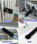 Dryer Vent Cleaner Kit 5 Piece Flexible Snake Brush Set cleaning radiator, fridge coil, condenser, and sink effectively.