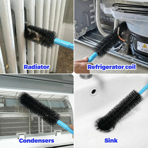 Dryer Vent Cleaner Kit 5 Piece Flexible Snake Brush Set cleaning radiator, fridge coil, condenser, and sink effectively.