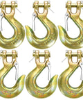 Six Pack Three Eighth Inch Clevis Slip Hooks With Safety Latch, G70 Forged Steel Chain Hooks, 18,000 Lb Capacity, Yellow Zinc Coated