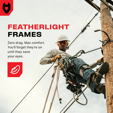 Worker wearing safety gear and glasses climbs utility pole with safety ropes, showcasing "Featherlight Frames" for eye protection.