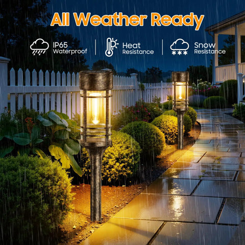 4 Pack Solar Firefly Lights Outdoor Garden Decor With 32 LED Swaying Iron Wire Bulbs illuminating a rainy backyard pathway