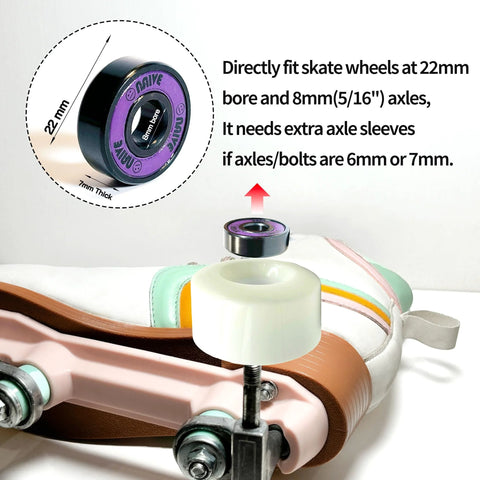 Front view of neon purple 608 skateboard bearing with 8mm bore; part of a 16-pack.