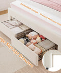 Full Size Beige Velvet Platform Bed Frame With Soft Led Lighting And Dual Gliding Storage Drawers Plus Adjustable Wavy Headboard Built In Charging Ports And Sturdy Wood Slats For Legit Comfy Sleep Zero Box Spring Hassle, showing large storage drawers.