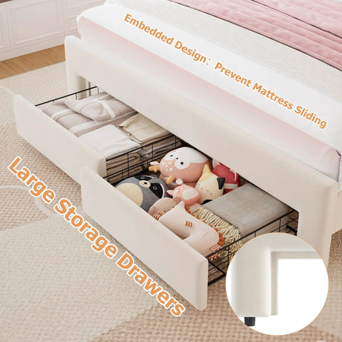 Full Size Beige Velvet Platform Bed Frame With Soft Led Lighting And Dual Gliding Storage Drawers Plus Adjustable Wavy Headboard Built In Charging Ports And Sturdy Wood Slats For Legit Comfy Sleep Zero Box Spring Hassle, showing large storage drawers.