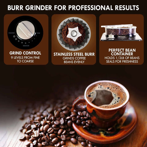 Grind And Brew Coffee Maker With Burr Grinder For Consistent Flavor, image of burr grinder settings, stainless steel burr, and bean container with cup of coffee
