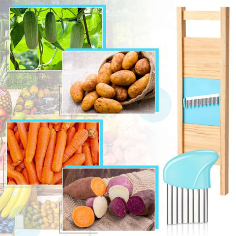 Two-piece blue wave waffle crinkle cutter set with stainless steel blades for potatoes and carrots