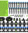Drip Irrigation System 230Ft Garden Watering Kit With Quick Connect Fittings, Adjustable Drip Emitters laid out, including tubing and connectors.