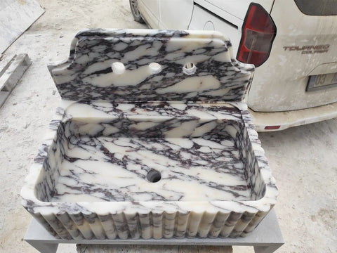 Straight Up Premium Calacatta Viola Marble Wall Mount Bathroom Sink, 30x20x15 cm, solid marble with elegant design.