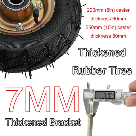 Hardcore Heavy Duty Pneumatic Rubber Caster Wheels 2 Pack Industrial Grade 8 Inch Or 10 Inch visible thickened rubber tire with 7mm bracket measurement.
