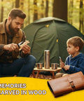 Father and son carving wood with All In One Wood Carving Kit With Leather Storage Bag around campsite, tent in background.