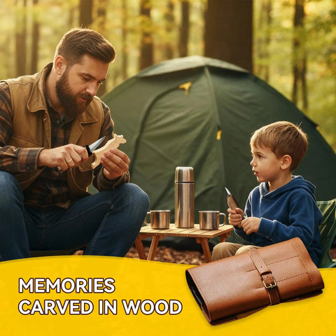 Father and son carving wood with All In One Wood Carving Kit With Leather Storage Bag around campsite, tent in background.
