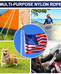 Collage showing uses of 100 Ft Nylon Flag Pole Rope Kit 5/16 Inch Halyard Replacement With 4 Zinc Alloy Snap Hooks And Clips
