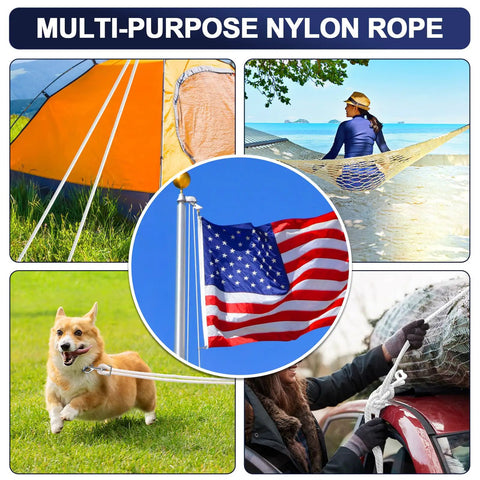Collage showing uses of 100 Ft Nylon Flag Pole Rope Kit 5/16 Inch Halyard Replacement With 4 Zinc Alloy Snap Hooks And Clips