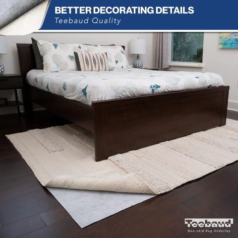Bedroom with bed on area rug over Non Slip Rug Pad 4 By 6 Foot Reversible Gripper For Hardwood Vinyl Tile And Laminate Floors