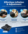Roho Mosaic Inflatable Seat Cushion For Wheelchair And Office Chair With Adjustable Air Cell Comfort Support Heavy Duty Non Slip Cover Portable Design 18X16 Inch showing inflation instructions with hand pump.