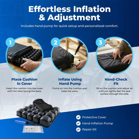 Roho Mosaic Inflatable Seat Cushion For Wheelchair And Office Chair With Adjustable Air Cell Comfort Support Heavy Duty Non Slip Cover Portable Design 18X16 Inch showing inflation instructions with hand pump.