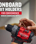 Close-up of V20 1/2 Inch Cordless Drill Driver Kit with onboard bit holders being used for DIY home projects.