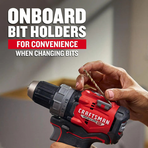 Close-up of V20 1/2 Inch Cordless Drill Driver Kit with onboard bit holders being used for DIY home projects.