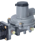Emerson-Fisher LP-Gas two-stage regulator, gray metal body with black cap, 1/4 × 1/2 in NPT ports
