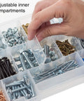 Hand organizing screws and bolts in the Durable 4 Drawer Tool Box With 19 Compartment Organizer For Home Garage Workshop Utility Chest