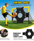 Child kicking soccer ball into target of Kid Soccer Goal Set With Pop Up Nets, Targets, Cones And Ball, 4x3 Ft Portable Indoor Outdoor Soccer Training Kit For Ages 3-16, Includes Pump, Stakes, Carry Bag.