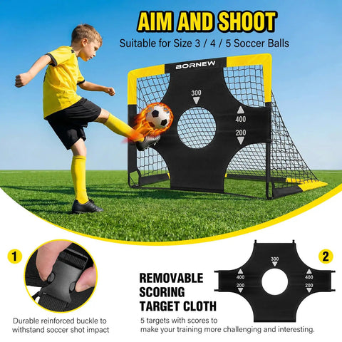Child kicking soccer ball into target of Kid Soccer Goal Set With Pop Up Nets, Targets, Cones And Ball, 4x3 Ft Portable Indoor Outdoor Soccer Training Kit For Ages 3-16, Includes Pump, Stakes, Carry Bag.