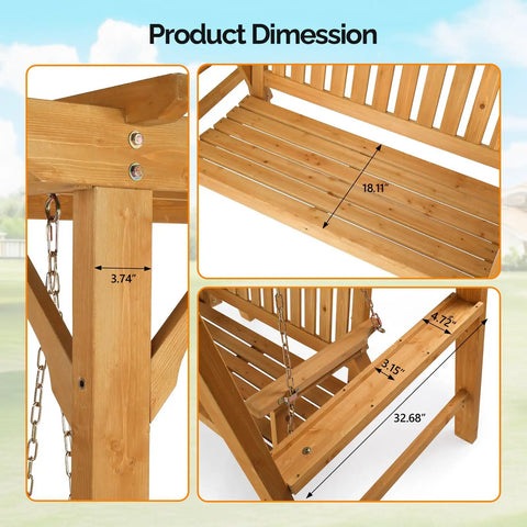 4 Ft Heavy Duty Wooden Porch Swing With Stand For Outdoor Patio And Garden Waterproof Archway Swing Set Weatherproof Outdoor Swing Chair With Frame For Yard And Backyard Relaxation showing detailed dimensions and wood texture.