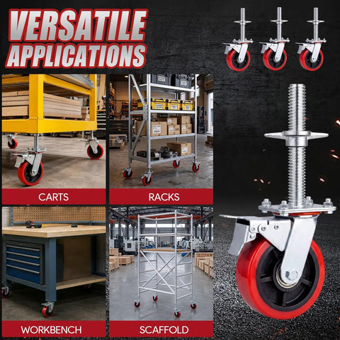 Versatile applications of Heavy Duty 4 Pack 6 Inch Adjustable Scaffolding Caster Wheels With Roll Lock Brakes and High Rotation Swivel Design.